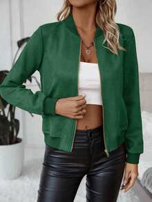 SHEIN Holidaya 女款純色長袖拉鍊棒球夾克 日常通勤辦公深綠色秋季休閒 - 綠色 - 查看 4