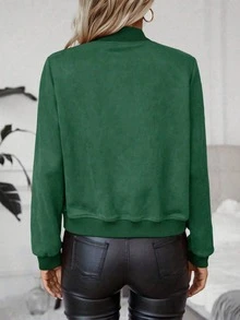 SHEIN Holidaya 女款純色長袖拉鍊棒球夾克 日常通勤辦公深綠色秋季休閒 - 綠色 - 查看 3