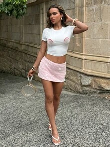 Aloruh White Short Sleeve T-Shirt With Shell Decor, Y2K Style Knit Top For Summer Women Summer Outfits,Summer Top - White - View 5