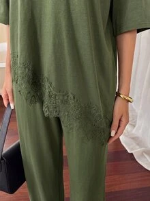 Aloruh 女款蕾絲拼接上衣與長褲休閒日常兩件套 - 軍綠色 - 查看 8