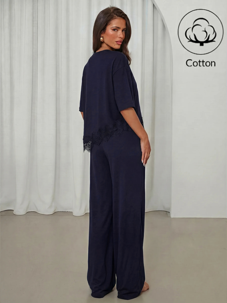 Aloruh Women's Summer Casual Elegant Lace Patchwork T-Shirt Pants 2 Pieces Set Brunch Navy Blue - Navy Blue - View 2