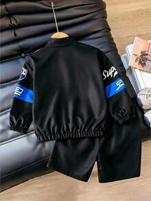 SHEIN Coolqubz 小男孩字母印花拼色拉鍊夾克與長褲2件套 - 藍色 - 查看 2
