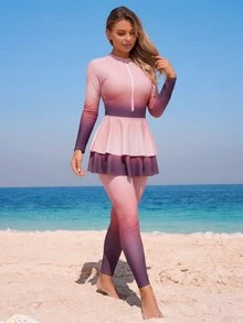 Swim Mulvari 两件套女士泳装，紫色和粉色渐变印花全包臀拉链长袖连体裤，适合泳池派对、海滩度假、日常穿着，青春时尚 - 彩色 - 查看 3