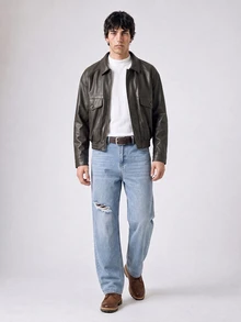 RivetRise 男士浅色做旧宽松阔腿牛仔裤，适合所有季节的休闲装 - 淺色水洗藍 - 查看 3