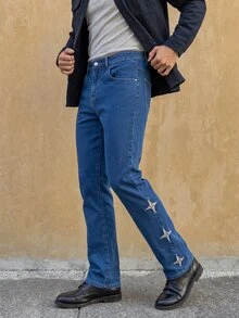 RivetRise Men's Blue Embroidered Horseshoe Flared Jeans - Medium Wash - View 1