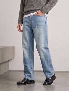 RivetRise Casual Straight-Leg Washed Blue Splatter Paint Artist Jeans, Suitable For Spring And Autumn - Blue - View 4