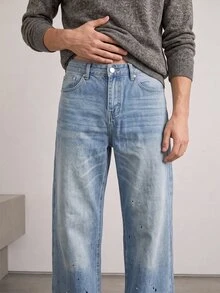 RivetRise Casual Straight-Leg Washed Blue Splatter Paint Artist Jeans, Suitable For Spring And Autumn - Blue - View 7
