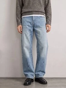 RivetRise Casual Straight-Leg Washed Blue Splatter Paint Artist Jeans, Suitable For Spring And Autumn - Blue - View 1
