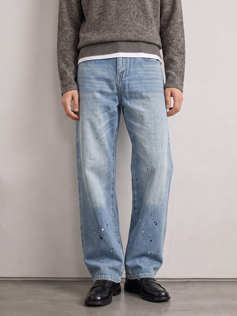 RivetRise Casual Straight-Leg Washed Blue Splatter Paint Artist Jeans, Suitable For Spring And Autumn - Blue - View 1
