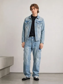 RivetRise Casual Distressed Washed Blue Denim Outfit, Slim Fit, Street Style, Suitable For Spring & Autumn - Blue - View 5