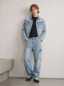 RivetRise Casual Distressed Washed Blue Denim Outfit, Slim Fit, Street Style, Suitable For Spring & Autumn - Blue - View 1