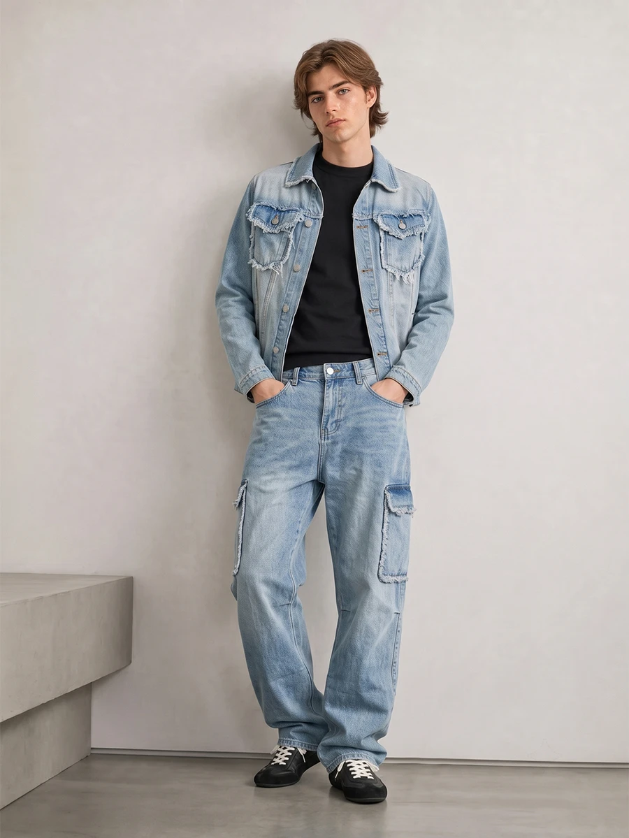 RivetRise Casual Distressed Washed Blue Denim Outfit, Slim Fit, Street Style, Suitable For Spring & Autumn - Blue - View 1