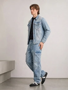 RivetRise Casual Distressed Washed Blue Denim Outfit, Slim Fit, Street Style, Suitable For Spring & Autumn - Blue - View 4