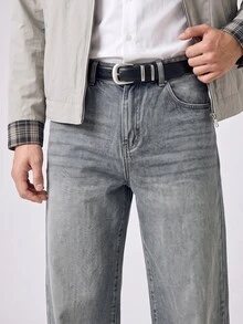 RivetRise Celana Jeans Pria Abu-abu Pudar Model Lurus Longgar - Grey - View 4
