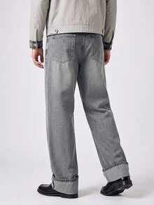 RivetRise Celana Jeans Pria Abu-abu Pudar Model Lurus Longgar - Grey - View 2