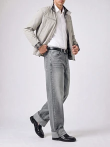RivetRise Celana Jeans Pria Abu-abu Pudar Model Lurus Longgar - Grey - View 3