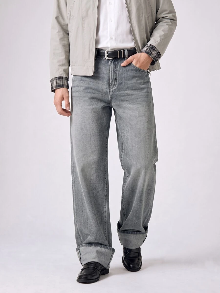 RivetRise Celana Jeans Pria Abu-abu Pudar Model Lurus Longgar - Grey - View 1