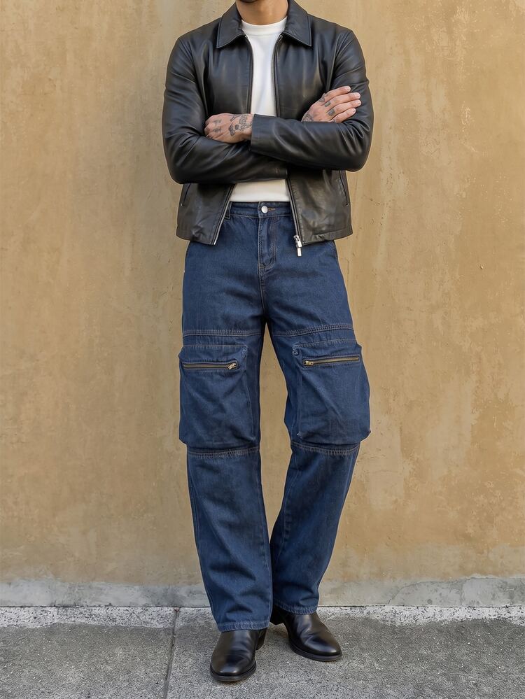 RivetRise Men's Casual Fashion Street Zipper Patchwork Pocket Straight Leg Denim Jeans - Dark Wash - View 1