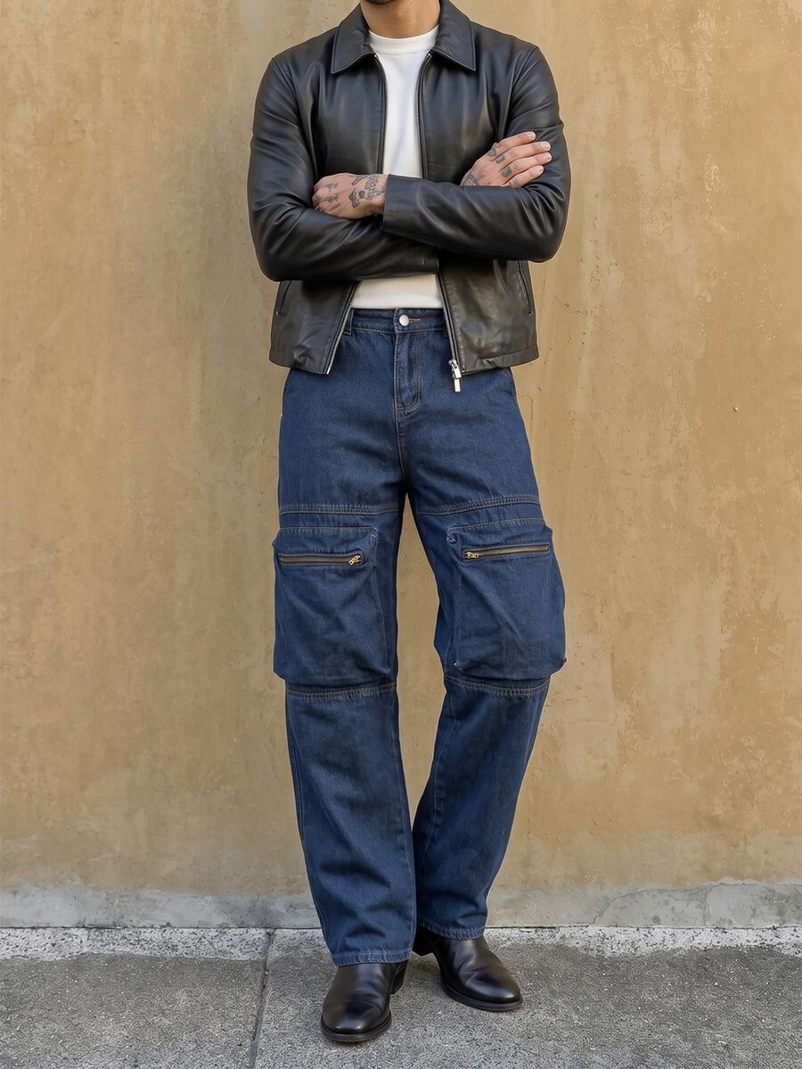 RivetRise Men's Casual Fashion Street Zipper Patchwork Pocket Straight Leg Denim Jeans - Dark Wash - View 1