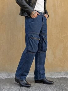 RivetRise Men's Casual Fashion Street Zipper Patchwork Pocket Straight Leg Denim Jeans - Dark Wash - View 5