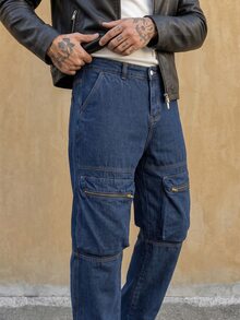 RivetRise Men's Casual Fashion Street Zipper Patchwork Pocket Straight Leg Denim Jeans - Dark Wash - View 4
