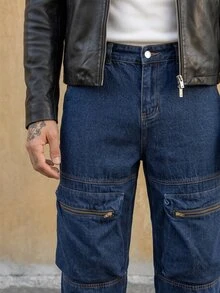 RivetRise Men's Casual Fashion Street Zipper Patchwork Pocket Straight Leg Denim Jeans - Dark Wash - View 6