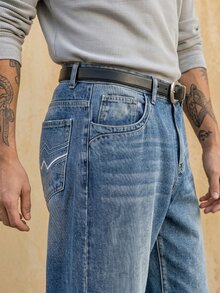 RivetRise Men's Loose Fit Embroidered Blue Denim Jeans - Light Wash - View 4