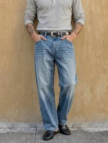 RivetRise Men's Loose Fit Embroidered Blue Denim Jeans - Light Wash - View 1