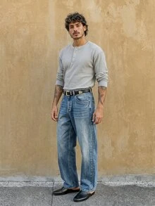 RivetRise Men's Loose Fit Embroidered Blue Denim Jeans - Light Wash - View 3