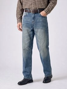 RivetRise Men's Loose Fit Casual Straight Leg Vintage Jeans With Pockets - Medium Wash - View 1