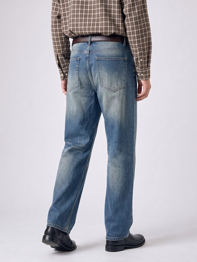 RivetRise Jeans rectos casuales de corte holgado con bolsillos para hombre - Azul lavado medio - Añade 2