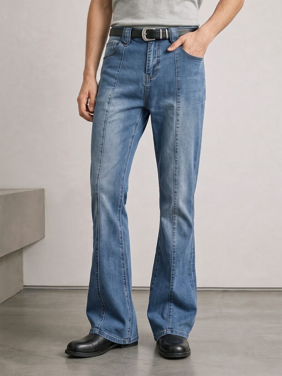 RivetRise Men's Blue Horseshoe Embroidered Slim Fit Flared Jeans - Medium Wash - View 1
