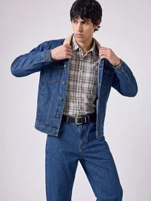RivetRise Men's Retro Aqua Blue Denim Suit,Single-Breasted Long Sleeve Trucker Jacket And Pants Set,Autumn Holiday Casual Washed Western Style Work Clothes - Medium Wash - View 3