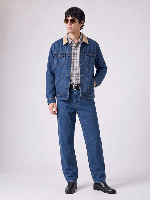 RivetRise Men's Retro Aqua Blue Denim Suit,Single-Breasted Long Sleeve Trucker Jacket And Pants Set,Autumn Holiday Casual Washed Western Style Work Clothes