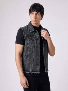 RivetRise Men's Single-Breasted Casual Pocket Denim Vest Jacket - Grey - View 5