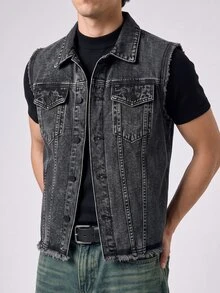RivetRise Men's Single-Breasted Casual Pocket Denim Vest Jacket - Grey - View 1