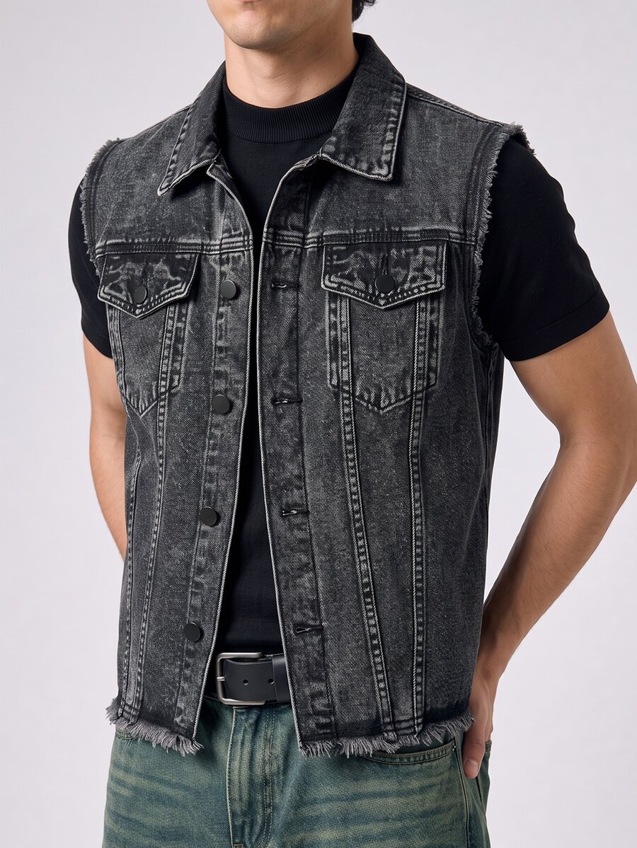 RivetRise Men's Single-Breasted Casual Pocket Denim Vest Jacket - Grey - View 1