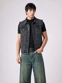 RivetRise Men's Single-Breasted Casual Pocket Denim Vest Jacket - Grey - View 3