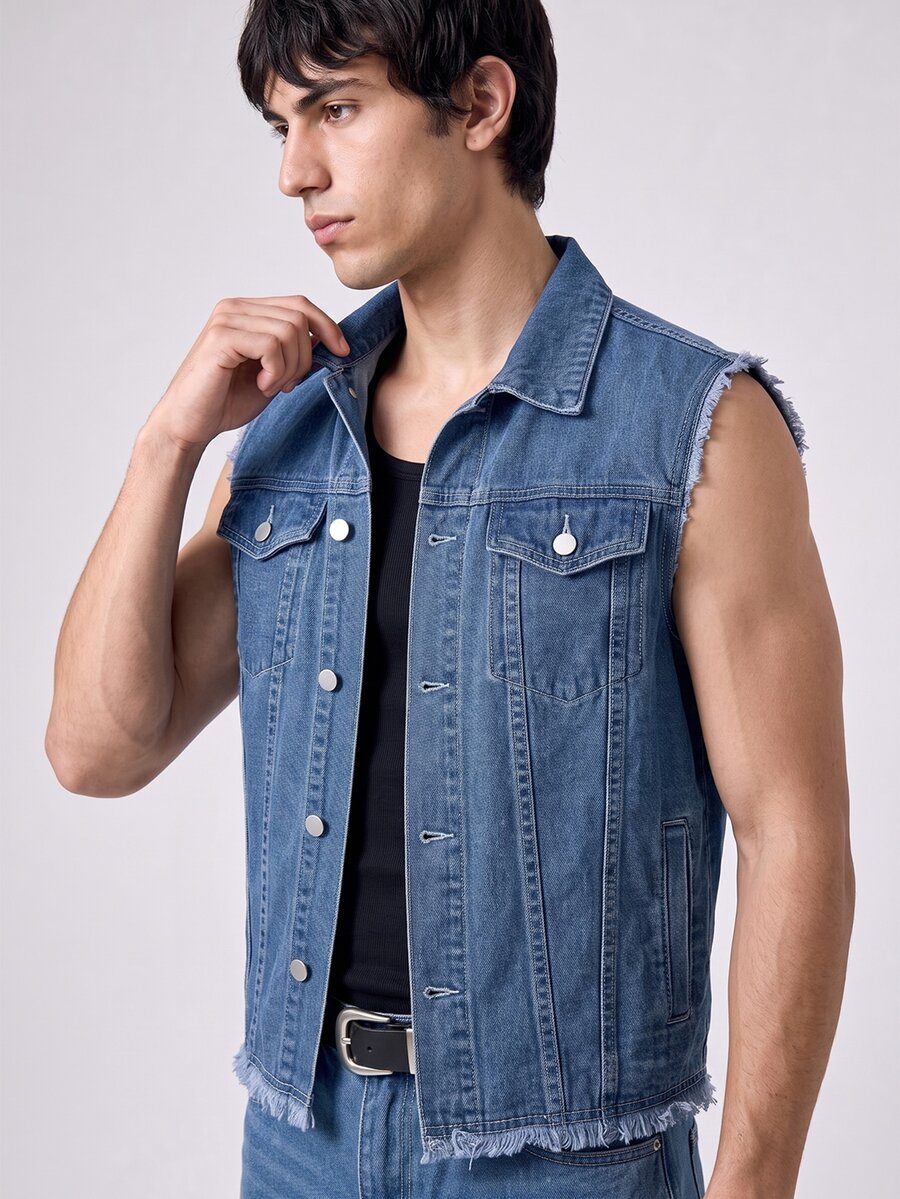 RivetRise Men's Solid Color Front Button Frayed Edge Sleeveless Casual Streetwear Denim Jacket Festival Dark Blue Summer - Blue - View 1