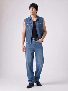 RivetRise Men's Solid Color Front Button Frayed Edge Sleeveless Casual Streetwear Denim Jacket Festival Dark Blue Summer - Blue - View 5