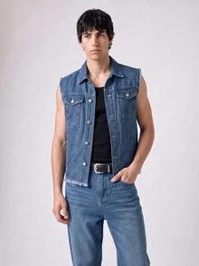 RivetRise Men's Solid Color Front Button Frayed Edge Sleeveless Casual Streetwear Denim Jacket Festival Dark Blue Summer - Blue - View 3
