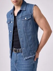 RivetRise Men's Solid Color Front Button Frayed Edge Sleeveless Casual Streetwear Denim Jacket Festival Dark Blue Summer - Blue - View 6