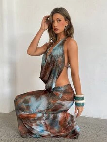 Aloruh Women's Tie-Dye Halter Backless Dress,Brown And Blue Polka Dot,Summer,Casual,Vacation,Holiday Resort Wear Neck Date Party & Summer Dresses - Multicolor - View 6