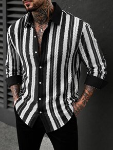 SLATEMANN Men's Mature Casual Mesh Patchwork Shirt - Black and White - View 4