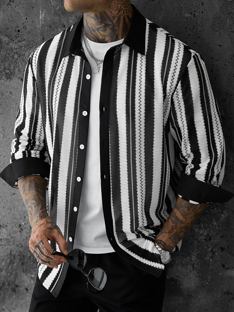 SLATEMANN Men's Mature Casual Mesh Patchwork Shirt - Black and White - View 1
