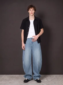 Manfinity Denimwave Y2K Vintage Streetwear Men's Light Blue Washed Distressed Loose Barrel Leg Baggy Jeans - Light Wash - View 3
