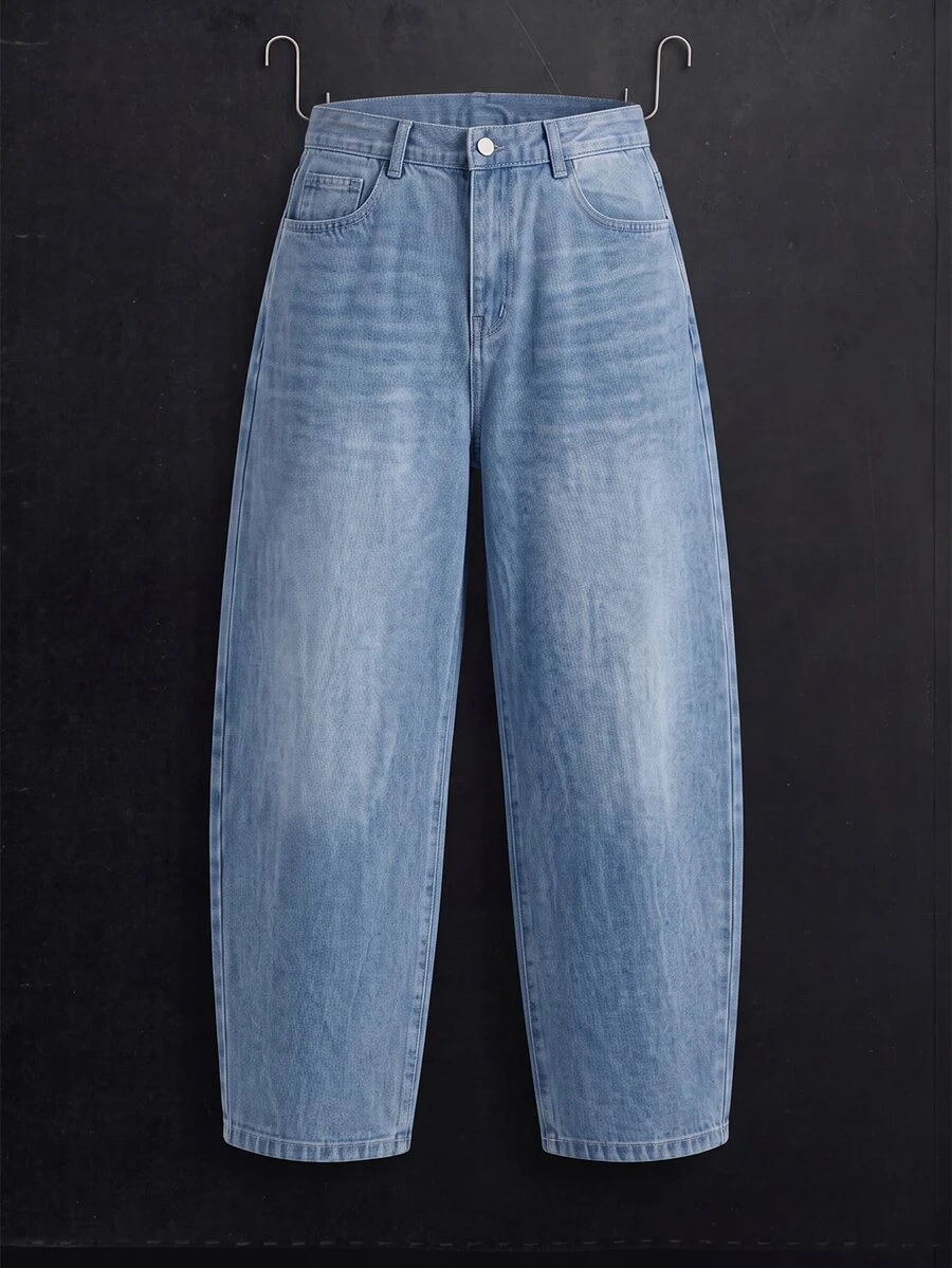 Manfinity Denimwave Y2K Vintage Streetwear Men's Light Blue Washed Distressed Loose Barrel Leg Baggy Jeans - Light Wash - View 1