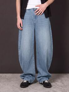 Manfinity Denimwave Y2K Vintage Streetwear Men's Light Blue Washed Distressed Loose Barrel Leg Baggy Jeans - Light Wash - View 2