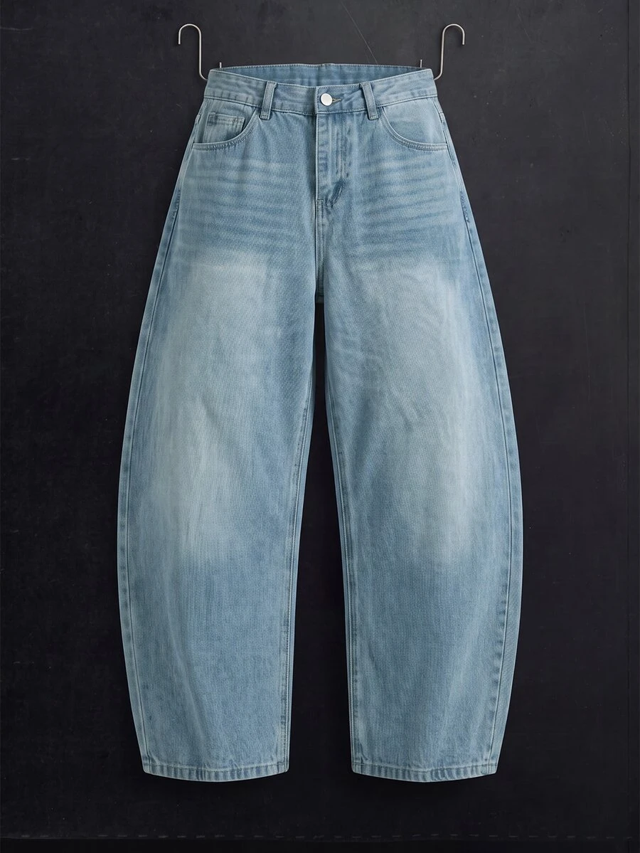 Manfinity Denimwave Y2K复古风男士蓝色水洗宽松筒状牛仔裤，做旧宽松版型，适合送给老公、男友，街头学院风运动休闲外出穿着 - 深色水洗藍 - 查看 1
