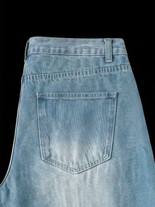 Manfinity Denimwave Y2K复古风男士蓝色水洗宽松筒状牛仔裤，做旧宽松版型，适合送给老公、男友，街头学院风运动休闲外出穿着 - 深色水洗藍 - 查看 6